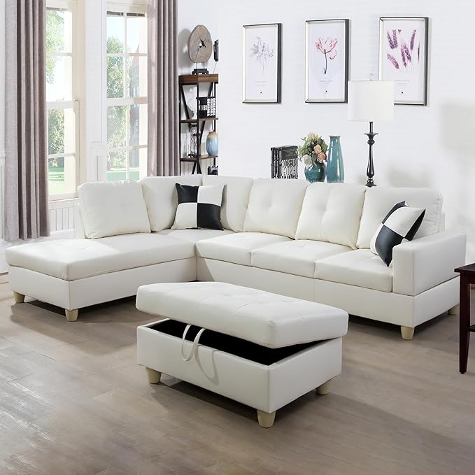 ROOMTEC Button L Shape 3 Piece Sectional Sofa Set, Upholstered Corner Couch with Storage Ottoman, Faux Leather Tufted Cushions, for Living Room, Apartment, 103inch, White w/Left Chaise Lounge - LeafyLoom