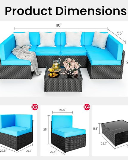 Pamapic 7-Piece Outdoor Furniture,All-Weather Wicker Modular Sectional Sofa with Patio Crystal Coffee Table, Adjustable Reclining Sectional Couch with Washable Removable Cushion Covers, Light Blue - LeafyLoom
