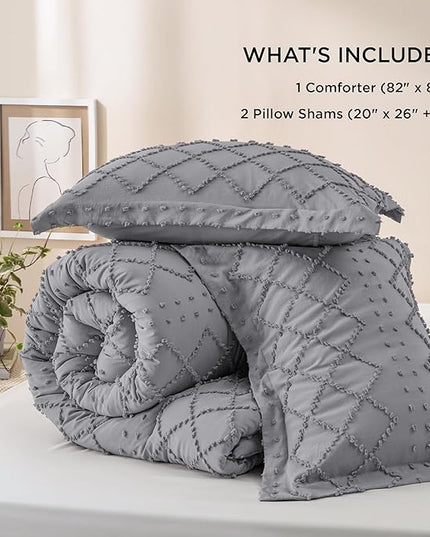 Bedsure Full Size Comforter Set - Grey Comforter, Boho Tufted Shabby Chic Bedding Comforter Set, 3 Pieces Vintage Farmhouse Bed Set for All Seasons, Fluffy Soft Bedding Set with 2 Pillow Shams - LeafyLoom