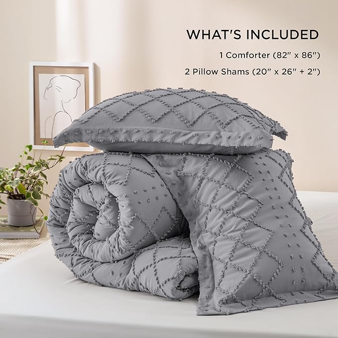 Bedsure Full Size Comforter Set - Grey Comforter, Boho Tufted Shabby Chic Bedding Comforter Set, 3 Pieces Vintage Farmhouse Bed Set for All Seasons, Fluffy Soft Bedding Set with 2 Pillow Shams - LeafyLoom