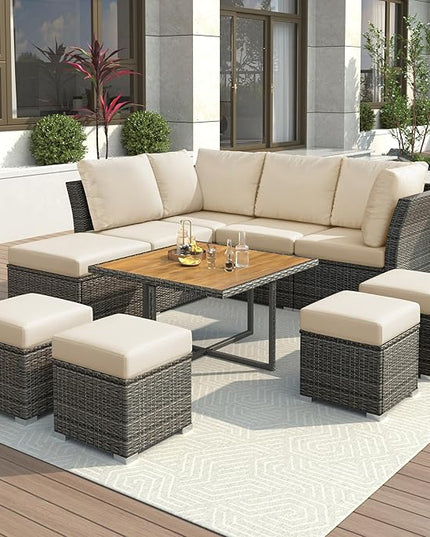 9-Pieces Outdoor Rattan Sectional Sofa Set, Wicker Patio Conversation Furniture with L-shape Couch&Storage Ottomans, Acacia Wood Coffee Table, for Garden Yard, Gray Wicker&Beige Cushion - LeafyLoom