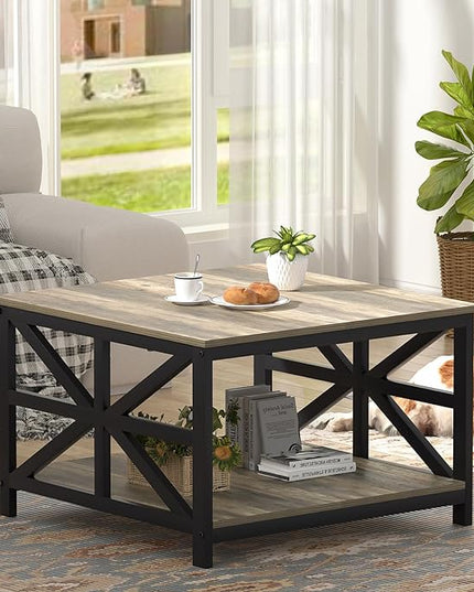 GreenForest Coffee Table with Storage, Small Coffee Table with Split Tabletop for Living Room, 27.6 inch Farmhouse Square Sofa Table Center Table for Small Spaces, Easy Assembly, Grey Wash - LeafyLoom