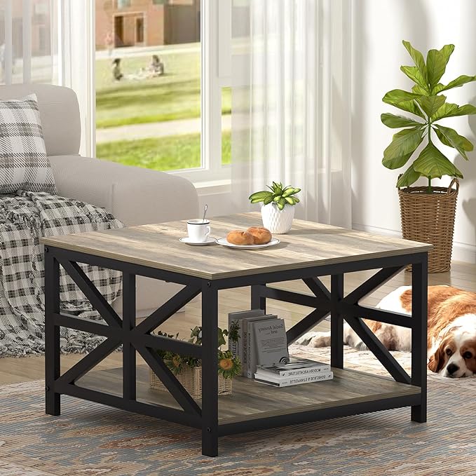 GreenForest Coffee Table with Storage, Small Coffee Table with Split Tabletop for Living Room, 27.6 inch Farmhouse Square Sofa Table Center Table for Small Spaces, Easy Assembly, Grey Wash - LeafyLoom