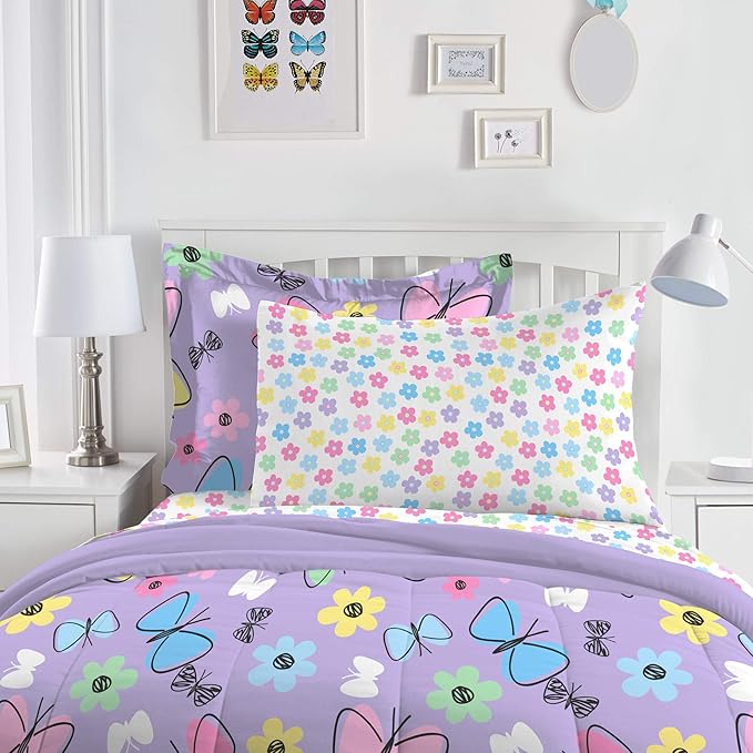 Dream Factory Sweet Butterfly Ultra Soft Microfiber Girls Comforter Set, Purple, Twin - LeafyLoom