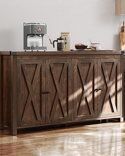 YITAHOME 55'' Sideboard Buffet Cabinet with Storage with 4 Doors, Farmhouse Large Kitchen Storage Cabinet, Wood Coffee Bar Cabinet with Barn Doors ＆ Adjustable Shelf for Kitchen, Living Room, Brown - LeafyLoom