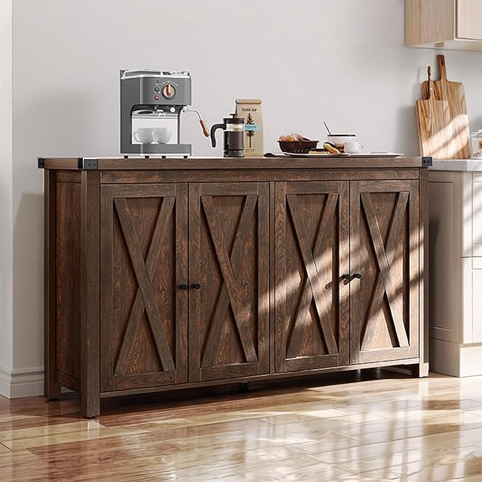 YITAHOME 55'' Sideboard Buffet Cabinet with Storage with 4 Doors, Farmhouse Large Kitchen Storage Cabinet, Wood Coffee Bar Cabinet with Barn Doors ＆ Adjustable Shelf for Kitchen, Living Room, Brown - LeafyLoom