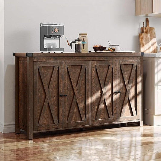 YITAHOME 55'' Sideboard Buffet Cabinet with Storage with 4 Doors, Farmhouse Large Kitchen Storage Cabinet, Wood Coffee Bar Cabinet with Barn Doors ＆ Adjustable Shelf for Kitchen, Living Room, Brown - LeafyLoom
