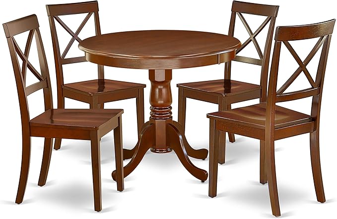 East West Furniture Antique 5 Piece Dinette Set for 4 Includes a Round Kitchen Table with Pedestal and 4 Dining Room Chairs, 36x36 Inch, ANBO5-MAH-W - LeafyLoom