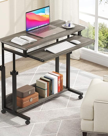 Tribesigns Portable Desk for Sofa and Bed, Height Adjustable Mobile Laptop Table Small Standing Desk Rolling Computer Cart with Keyboard Tray on Wheels for Home Office (Grey) - LeafyLoom