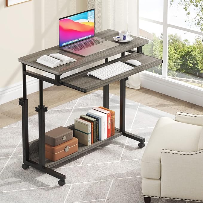 Tribesigns Portable Desk for Sofa and Bed, Height Adjustable Mobile Laptop Table Small Standing Desk Rolling Computer Cart with Keyboard Tray on Wheels for Home Office (Grey) - LeafyLoom