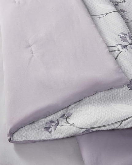 Comfort Spaces Bed in A Bag - Trendy Casual Design Cozy Comforter with Complete Sheet Set with Side Pocket, All Season Cover, Matching Shams King(104"x90"), Kate, Grey/Purple 9 Piece - LeafyLoom