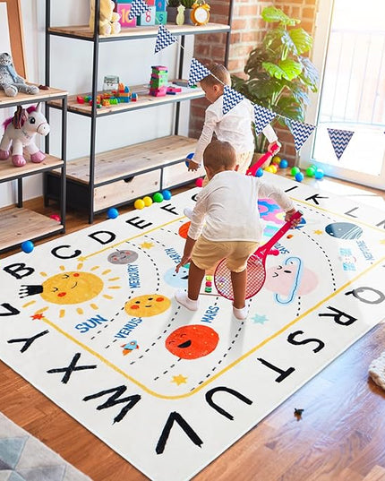 Soft ABC Kids Rug,59x78 in Washable Large Classroom Rug,Non-Slip Educational Nursery Rug,Solar System Kids Room Rug for Classroom Playroom Bedroom Kids Room Decor - LeafyLoom