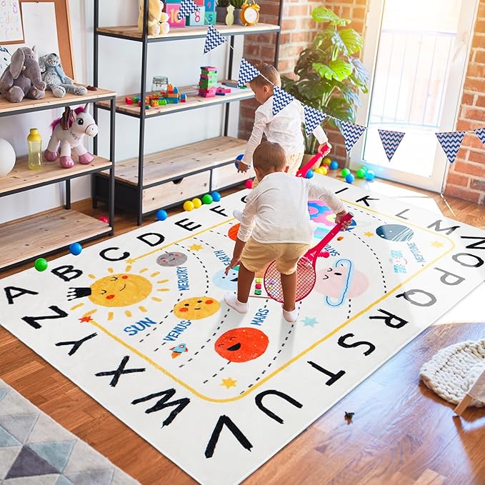 Soft ABC Kids Rug,59x78 in Washable Large Classroom Rug,Non-Slip Educational Nursery Rug,Solar System Kids Room Rug for Classroom Playroom Bedroom Kids Room Decor - LeafyLoom