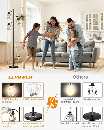 LEPOWER Tree Floor Lamp, Industrial Floor Lamps for Living Room with Multi Head, Dimmable Floor Lamp, LED Standing lamp Edison Bulbs, Pole Tall Lamp for Bedroom Office Black - LeafyLoom