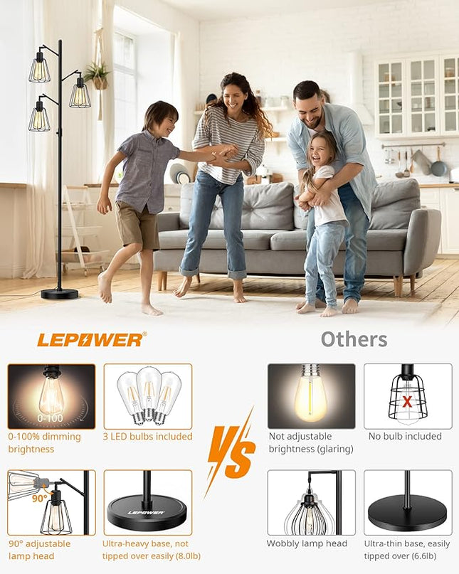 LEPOWER Tree Floor Lamp, Industrial Floor Lamps for Living Room with Multi Head, Dimmable Floor Lamp, LED Standing lamp Edison Bulbs, Pole Tall Lamp for Bedroom Office Black - LeafyLoom