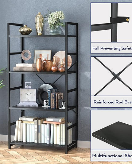 NUMENN 4 Tier Bookshelf, Tall Bookcase Shelf Storage Organizer, Modern Book Shelf for Bedroom, Living Room and Home Office, Black - LeafyLoom