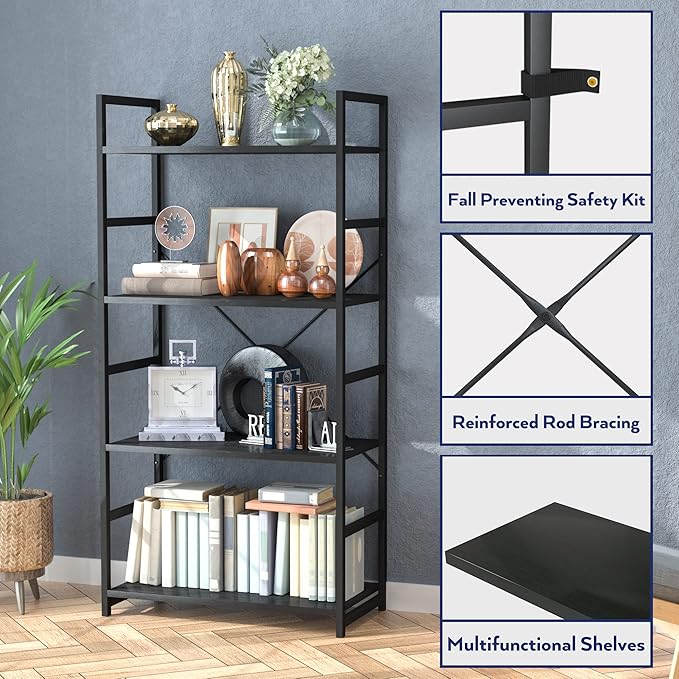NUMENN 4 Tier Bookshelf, Tall Bookcase Shelf Storage Organizer, Modern Book Shelf for Bedroom, Living Room and Home Office, Black - LeafyLoom