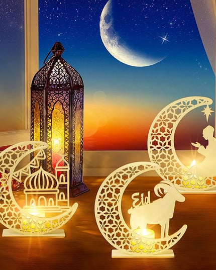 3Pcs Eid al Adha Night Light Decoration Wooden Table Decor, Moon Castle Sheep Wooden Centerpiece with Plastic LED Night Light for Eid al Adha Party Home Indoor Outdoor Bedroom Tabletop Decor - LeafyLoom
