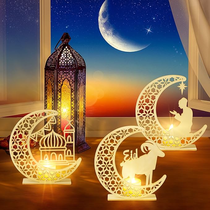 3Pcs Eid al Adha Night Light Decoration Wooden Table Decor, Moon Castle Sheep Wooden Centerpiece with Plastic LED Night Light for Eid al Adha Party Home Indoor Outdoor Bedroom Tabletop Decor - LeafyLoom