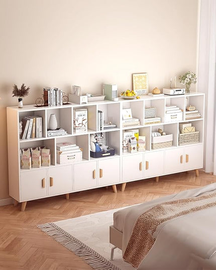 Cubby Shelf Bookcase with Doors - Wooden 11 Cube Floor Standing Open Bookshelf with Solid Wood Legs, 3-Tier Storage Cabinet, Warm White - LeafyLoom