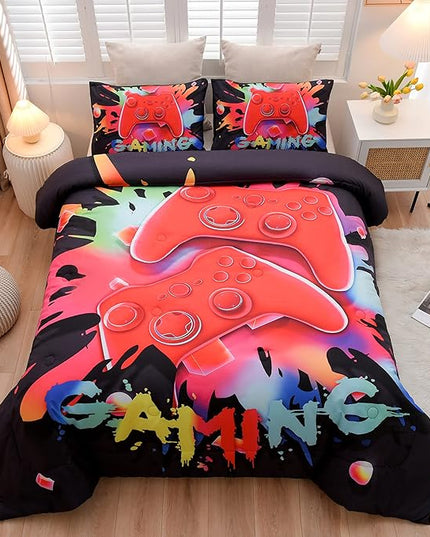 Aimuan Gaming Comforter Sets for Boys Kids Bedding Sets Video Games Console Action Buttons Novelty Colorful Game Gamepad Controller Modern Gamer Room Decor Home Quilt Set (Queen, Black) - LeafyLoom