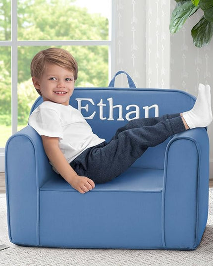 Delta Children Personalized Cozee Chair - Customize with Name – Foam Kids Chair for Ages 18 Months and Up, Indigo - LeafyLoom