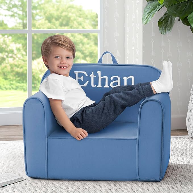 Delta Children Personalized Cozee Chair - Customize with Name – Foam Kids Chair for Ages 18 Months and Up, Indigo - LeafyLoom