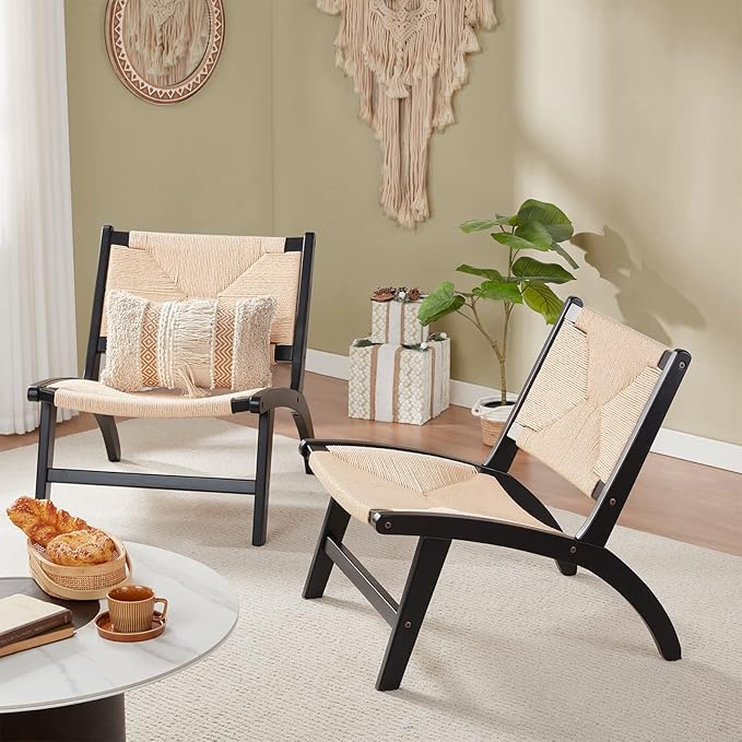 Modern Boho Accent Chairs for Living Room,Mid Century Lounge Chair,Side Chair Indoor Scandinavian Cognac Natural Wood Beech Braided Jute Woven Weave Paper Rope Seat Accent Chair - LeafyLoom