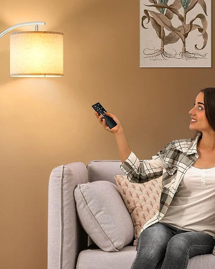 SUNMORY Dimmable Floor Lamp with Remote Control，Lamp for Living Room Stepless Color Temperature and Brightness, Standing Lamp for Bedroom and Office with 1H Timer，Nickel Floor Lamp with Linen Shade - LeafyLoom