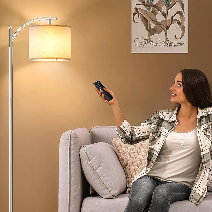 SUNMORY Dimmable Floor Lamp with Remote Control，Lamp for Living Room Stepless Color Temperature and Brightness, Standing Lamp for Bedroom and Office with 1H Timer，Nickel Floor Lamp with Linen Shade - LeafyLoom