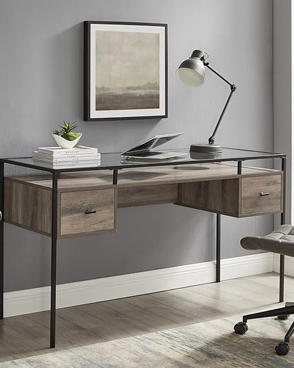 Walker Edison Writing Desk, 56, Glass Top 2 Drawer Computer, 56 Inch, Grey Wash - LeafyLoom