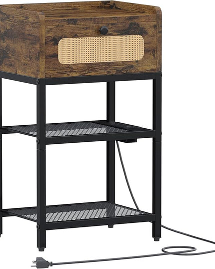 Night Stand, Side Table with Rattan Drawer, Nightstand with Charging Station, Industrial Bedside Table with 3-Tier Storage, Rustic Brown JET003CSR1 - LeafyLoom