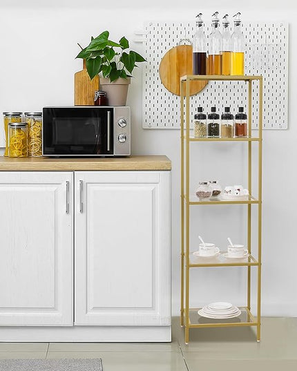 5-Tier Bookshelf,Metal Bookcase,Tempered Glass Shelves,Storage Rack Shelf for Home Office,Living Room,Bedroom, Bathroom,Modern Style,Golden - LeafyLoom