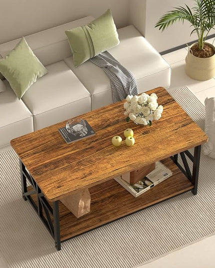 GreenForest Coffee Table with Round Corner, Farmhouse Center Table with 2-Tier Storage Shelf X-Frame Design for Living Room, 39 inch Walnut - LeafyLoom