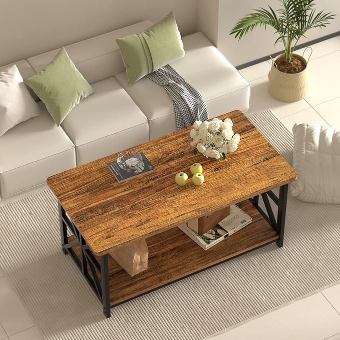 GreenForest Coffee Table with Round Corner, Farmhouse Center Table with 2-Tier Storage Shelf X-Frame Design for Living Room, 39 inch Walnut - LeafyLoom