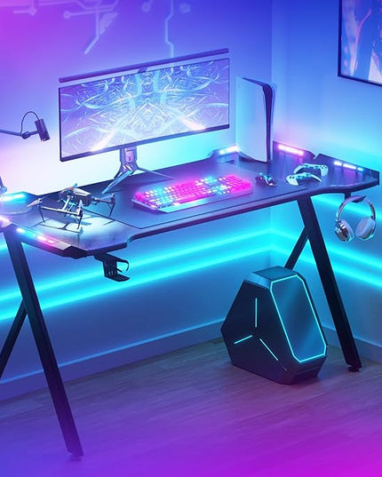 Dowinx Gaming Desk with LED Lights, RGB Gaming Computer Table with Carbon Fibre Surface, LED Home Office Desk with Remote Control, Pc Workstation with Cup Holder and Headphone Hook, 63 Inch, Black - LeafyLoom