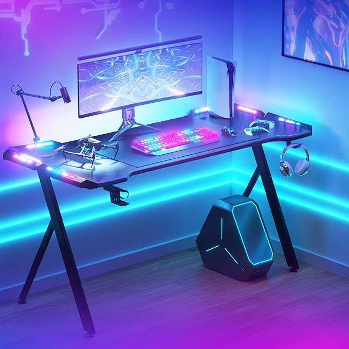 Dowinx Gaming Desk with LED Lights, RGB Gaming Computer Table with Carbon Fibre Surface, LED Home Office Desk with Remote Control, Pc Workstation with Cup Holder and Headphone Hook, 63 Inch, Black - LeafyLoom