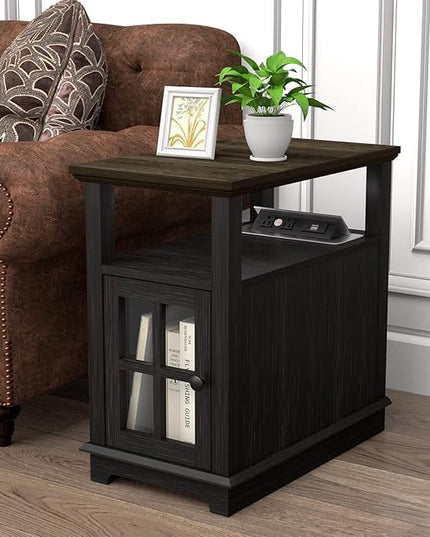 HIFYOBRO End Table with Hidden Charging Station, Narrow Side Table with Storage, Nightstand for Small Spaces with USB Ports & Power Outlets - LeafyLoom