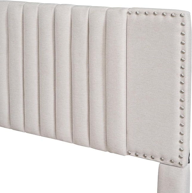 Queen Size Linen Upholstered Platform Bed with 2 Drawers and Twin XL Size Trundle,Solid Wood Bed Frame w/Classic Headboard Design,for Bedroom,Apartment,Living Room,Beige - LeafyLoom