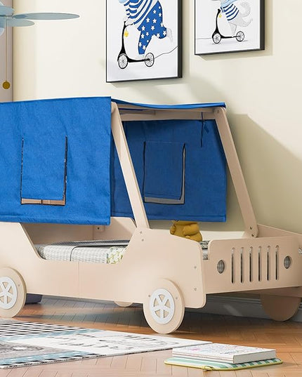 Twin Size Race Jeep Car Bed Platform Bed with Tent Canopy and Wheels,Wood Bed Frame W/Raised Bed Design,for Kids Boys Girls Teens,White+Natural - LeafyLoom