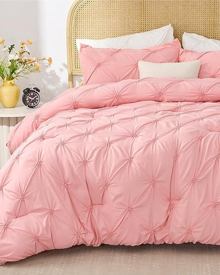 BEDELITE Pink Twin Comforter Set for Girls - 2 Peices Boho Pintuck Bedding Comforter Sets, Lightweight Soft & Warm Twin Bedding Sets with 1 Pillowcase for All Season - LeafyLoom