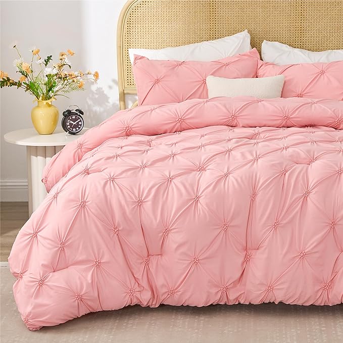 BEDELITE Pink Twin Comforter Set for Girls - 2 Peices Boho Pintuck Bedding Comforter Sets, Lightweight Soft & Warm Twin Bedding Sets with 1 Pillowcase for All Season - LeafyLoom