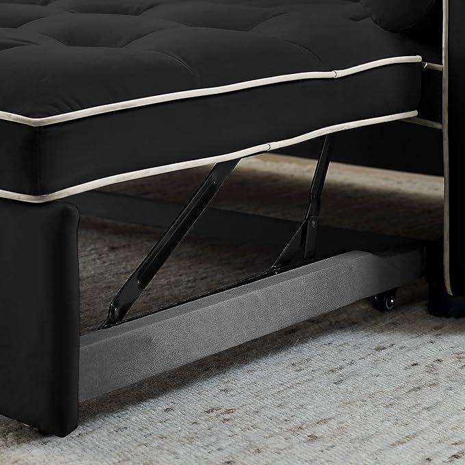 3 in 1 Tufted Sleeper Sofa Cylindrical Pillows,Modern Convertible Loveseat Sofá W Pull Out Sleep Couch Bed and Side Pockets,Velvet Upholstered Love Seat Sofabed for Living Room, 55.5", Black1 - LeafyLoom
