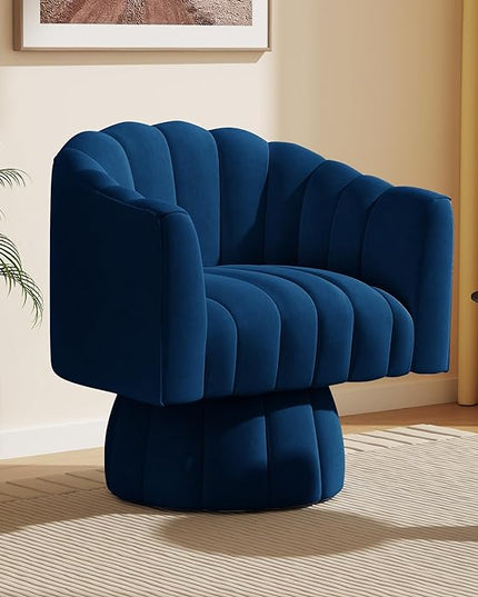 Accent Chair Mid Century 360 Degree Swivel Chair,Modern Lounge Sofa Round Barrel Chair with Wide Upholstered,Fluffy Velvet Fabric Chairs for Home Sofa Living Room/Bedroom/Waiting Room(Navy) - LeafyLoom