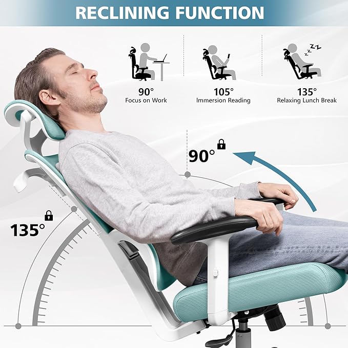 Primy Office Chair Ergonomic Desk Chair, High Back Computer Gaming Chair, Comfy Big and Tall Home Office Chair with Lumbar Support, Breathable Mesh Reclining Chair Adjustable Headrest(Light Blue) - LeafyLoom