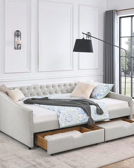 Queen Size Daybed with 2 Storage Drawers,Linen Upholstered Sofa Bed W/Button on Back & Copper Nail on Waved Shape Armrests,No Spring Box Need,Wood Bedframe for Living Room Bedroom Dorm,Beige - LeafyLoom