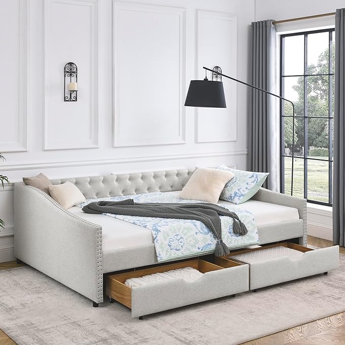 Queen Size Daybed with 2 Storage Drawers,Linen Upholstered Sofa Bed W/Button on Back & Copper Nail on Waved Shape Armrests,No Spring Box Need,Wood Bedframe for Living Room Bedroom Dorm,Beige - LeafyLoom