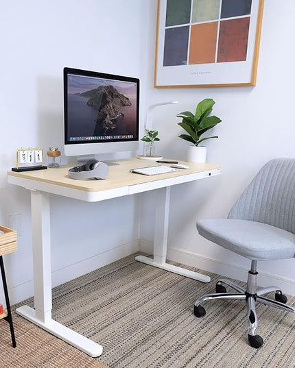 Mount-It! 47.2" Wide x 28.3" Deep Electric Height Adjustable Desk, Ergonomic Standing Workspace, Height Adjustment up to 46.5" Tall, Large Desktop, USB Ports, Drawer, Home Office, White, Maple Top - LeafyLoom