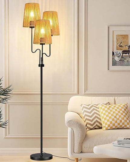 Rattan Floor Lamp for Living Room,Boho Floor Lamps Flower Standing Lamp with Remote,Dimmable Tree 3 Light Tall Lamp Farmhouse Wicker Bamboo Lamp Shade,Floor Light for Bedroom Bohemian Decor - LeafyLoom