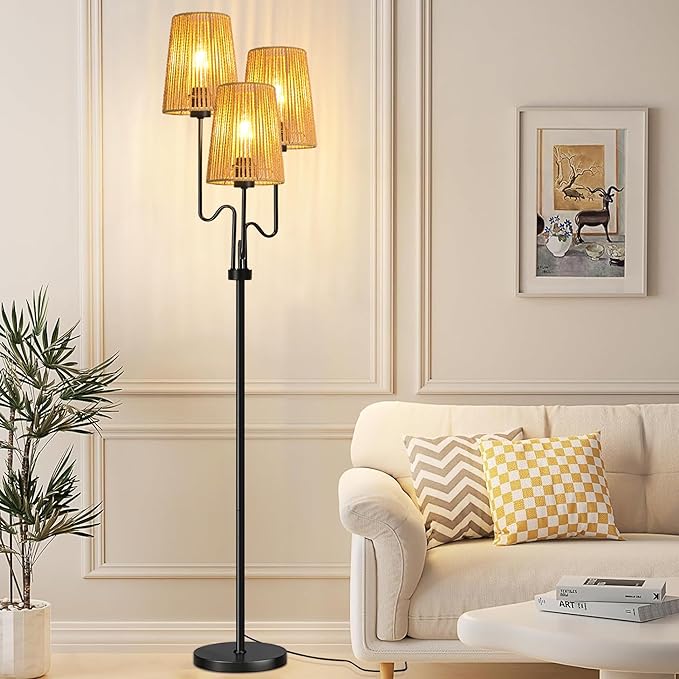 Rattan Floor Lamp for Living Room,Boho Floor Lamps Flower Standing Lamp with Remote,Dimmable Tree 3 Light Tall Lamp Farmhouse Wicker Bamboo Lamp Shade,Floor Light for Bedroom Bohemian Decor - LeafyLoom